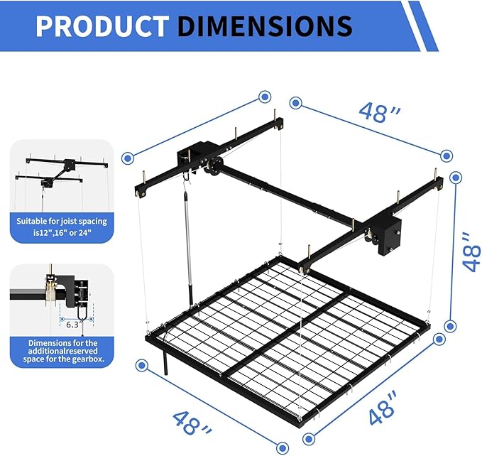 4x4 FT Overhead Garage Ceiling Storage Rack, 350 LBS Heavy-Duty Lift Elevator System with Smooth Hand Crank, Space-Saving Hoist Organization for Bins, Tools & Seasonal Gear