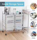 GOFLAME 12-Drawer Rolling Storage Cart, Multipurpose Organizer Cart with 2 Sizes Plastic Drawers, Mobile Utility Cart with Lockable Casters for School, Home Office, Beauty Salon, Clear