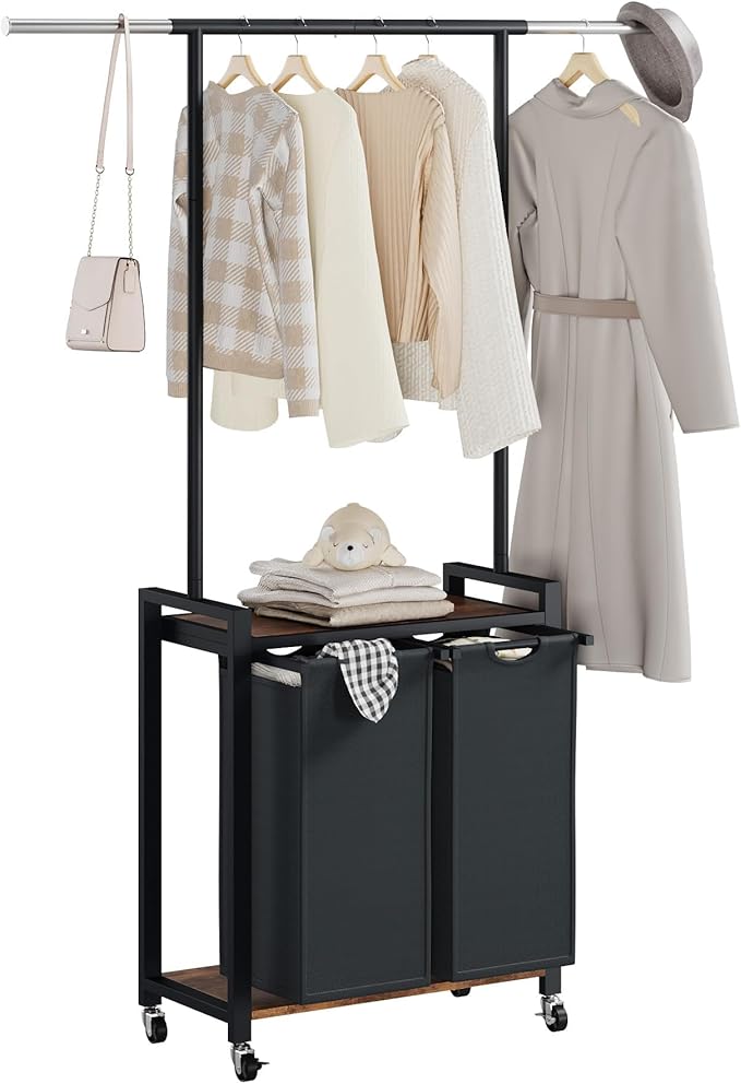 Rolling Laundry Sorter Hamper with Hanging Rack, 2-Section Clothes Organizer Cart with Top Shelf and Lockable Wheels, Heavy Duty Large Basket for Bathroom Bedroom