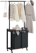 2-Section Rolling Laundry Sorter Cart with Hanging Rod & Utility Shelf, Large Capacity Lockable Wheels Laundry Hamper Basket Organizer for Laundry Room, Bathroom, Bedroom - Rustic Black