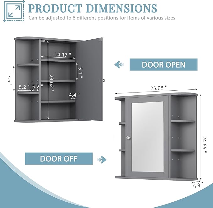 Shintenchi Bathroom Wall Cabinet with Mirror, Mounted Medicine Cabinets with 4 Internal and 6 Open Shelves, Mirrored Door Over the Toilet Storage, Gray