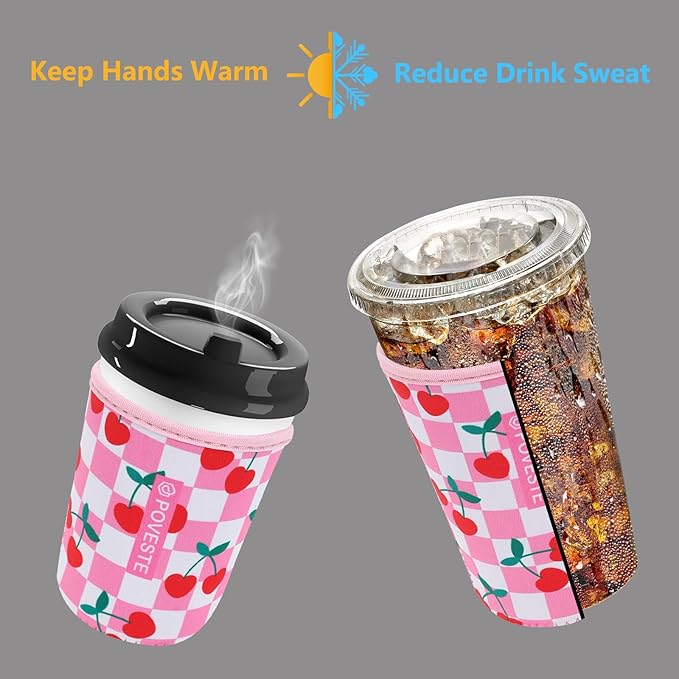 Reusable Neoprene Insulator Sleeve for Iced Coffee & Cold Soda, Coffee Sleeves for Iced & Hot Drinks, Cold Beverage Cooler Compatible with Starbucks, Dunkin (Pink Checkerboard&Cherry, Medium: 22-24oz)