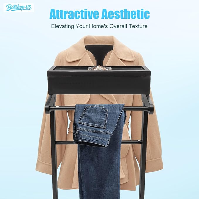 Gdrasuya10 Suit Valet Stands with Drawer & Trouser Holder, Wood Suit Rack for Women and Men, Freestanding Valet Stand Organizer for Office Living Room, Space Saving (Black)