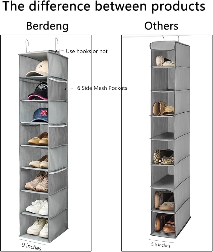 Hanging Shoe Organizer for Closet with Side Mesh Pockets，Hat Racks for Baseball Caps，Shoe and Hat Holder & Storage，8-Shelf，Gray，2 Pack