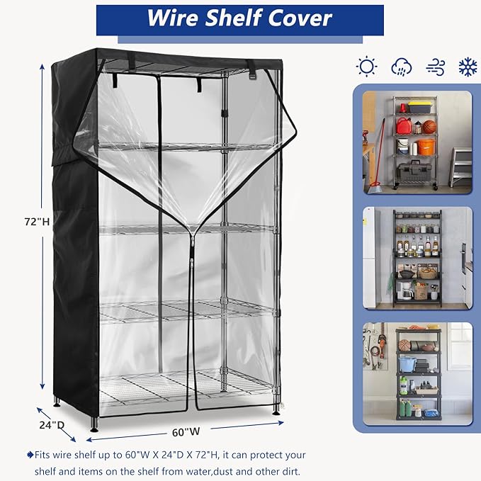 Wire Shelf Cover,600D Heavy Duty 100% Waterproof Shelf Covers for Wire Shelving,Outdoor Storage Shelves Cover for Metal Rack,60" W x 24" D x 72" H,Black with Clear Front
