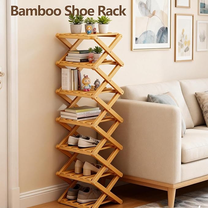 2/3/4/5/6/7/8/9 Tier Bamboo Folding Shoe Rack,2026 New Bamboo Foldable Shoe Rack,no Installation Required,Vertical Multi-Layered Organizer,Space-Saving for Entryways& Balconies (Brown, 2)