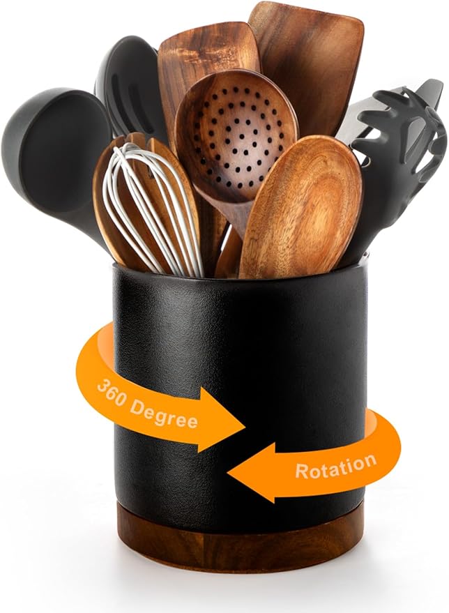 Nucookery 360°Rotating Utensil Holder, 7.2" Large Utensil Crock, White Ceramic Cooking Utensil Organizer,Farmhouse Kitchen Decor Christmas Thanksgiving Gift (Stone Black)