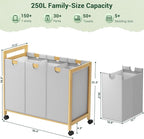 Homykic 250L Laundry Sorter Cart with Wheels, 3-Section Rolling Laundry Basket with Removable Bags, 66 Gal Large Laundry Hamper Organizer, Heavy Duty Bamboo Frame, Water-Resistant, Grey