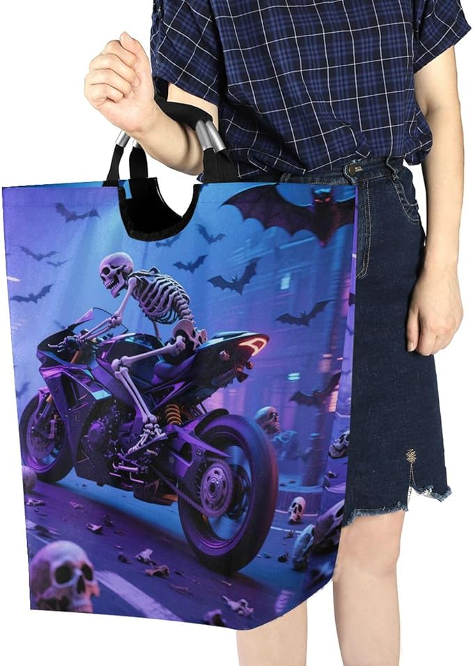 Skeleton Motorcycle Laundry Basket for College Dorm,50L Collapsible Portable Laundry Hamper Storage Basket for Toys Clothes Organizer