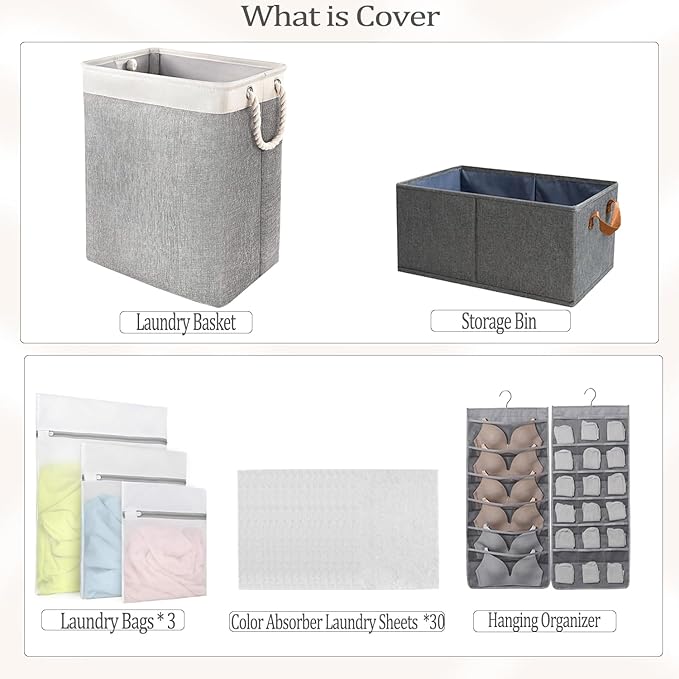 Large Collapsible Laundry Basket Hamper with Easy Carry Handle 65L, 5 in 1 Freestanding Clothes Hamper for Laundry, with Laundry Bags, Absorbing film, Storage Bin, Hanging Underwear Organizer