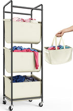Moforoco Vertical Laundry Sorter 3 Section with Removable Bag, Laundry Hamper with Wheels, 120 L Rolling Laundry Baskets organizer for Bathroom, Apartment, Dorm Room, Beige