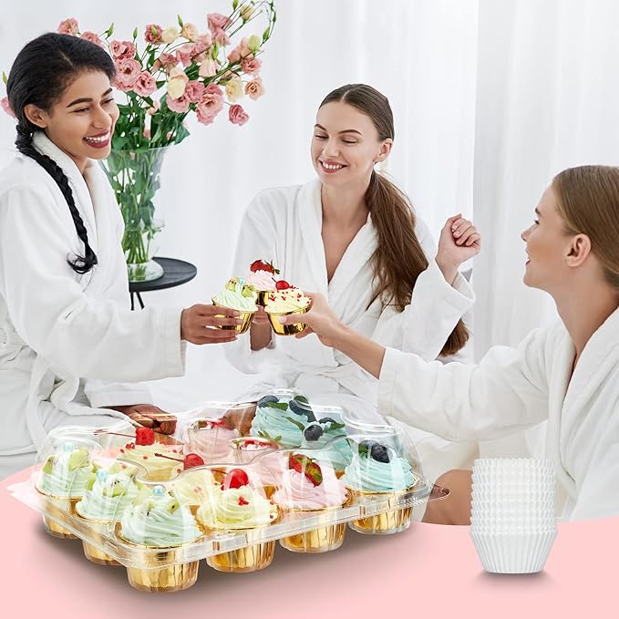 (12 Pack x 20 Sets) Stackable Cupcake Carrier with 240 Pack Liners, Plastic Cupcake Boxes Holders for 12 Cupcakes, High Tall Dome Lid Cupcake Containers, Clear Disposable Cupcake Trays