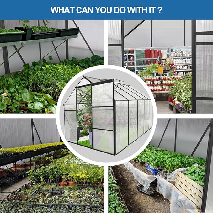 Polycarbonate Greenhouse with Rain Gutter and Roof Vent, Raised Base and Anchor Aluminum Heavy Duty Walk-in Green House, Outdoor Patio Sunroom with Sliding Door (Black, 122.44*74.8*76.77in)