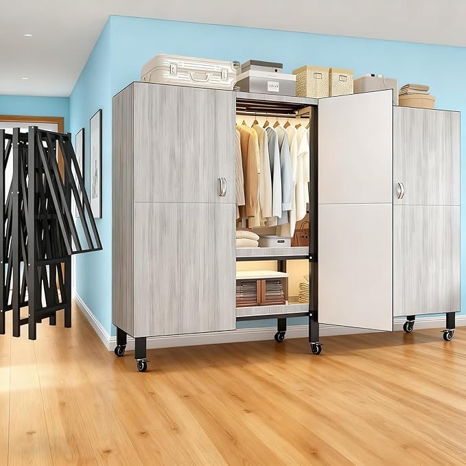 Heavy Duty Portable Closet with Cover Magnetic Doors, Metal Rolling Clothes Rack Heavy Duty 1500LBS, Foldable Clothing Rack, Garment Racks for Bedroom/ LivingRoom/ Rental (KT Woodgrain Gray, 49.21in)