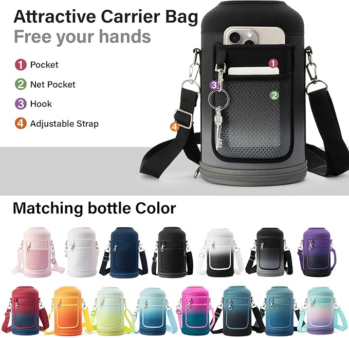 Insulated Water Bottle | Thickened Stainless Steel Vacuum Metal | Portable Sports Half Gallon Large Water Jug for Gym and Hiking with Straw, Carrier Bag, Handle Strap | BPA-Free 64 oz