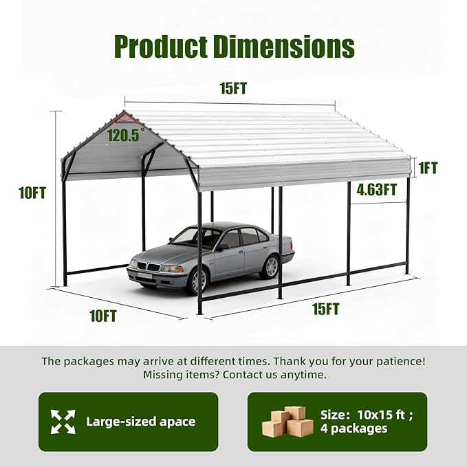 Metal Carport Heavy Duty 10x15ft Outdoor Galvanized Steel Car Port, Vehicle Canopy Garage Shade, Multi-Use Shelter for Car, Boat, Tractors & Outdoor Storage