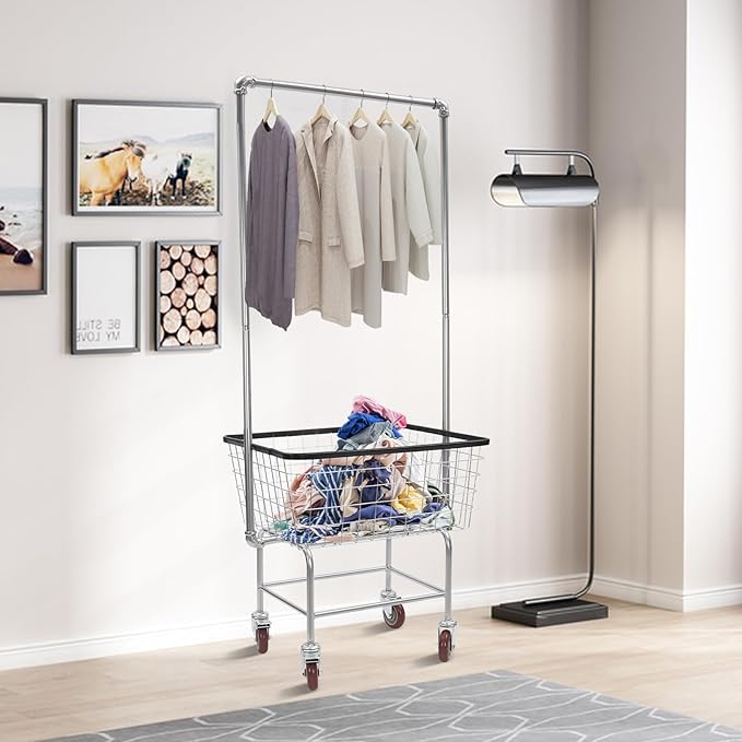 Steel Wire Laundry Cart with Wheels, Heavy Duty Rolling Laundry Basket with Hanging Rack, Large Metal Storage Cart for Laundry, Clothes, Towels, Bathroom, Commercial Laundry Organizer (Style1)