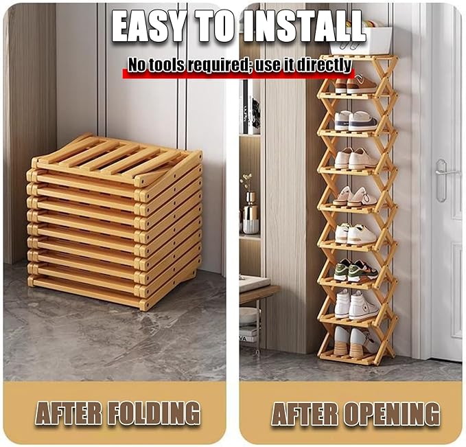 The 9-Tier No-Assembly Bamboo Rack, Foldable Space-Saving Organizer for Shoes, No Assembly Narrow Shoe Shelf for Entryway Closet Dorm (Brown, 4)