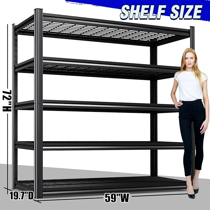 59" W Heavy Duty 5-Tier Garage Shelving Unit,2500 lbs Capacity Adjustable Metal Storage Rack, Boltless Steel Shelves for Garage, Basement, Warehouse, Pantry & Kitchen 72"x59"x20",Black