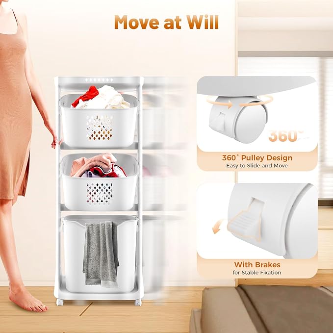 Laundry Basket, 3 Tier Sorter Clothes Storage Hampe Organizer Shelf Rolling Cart, Dirty Clothes Basket Laundry Basket with 4 360° Pulley, 55.12Lbs Load Porous Design