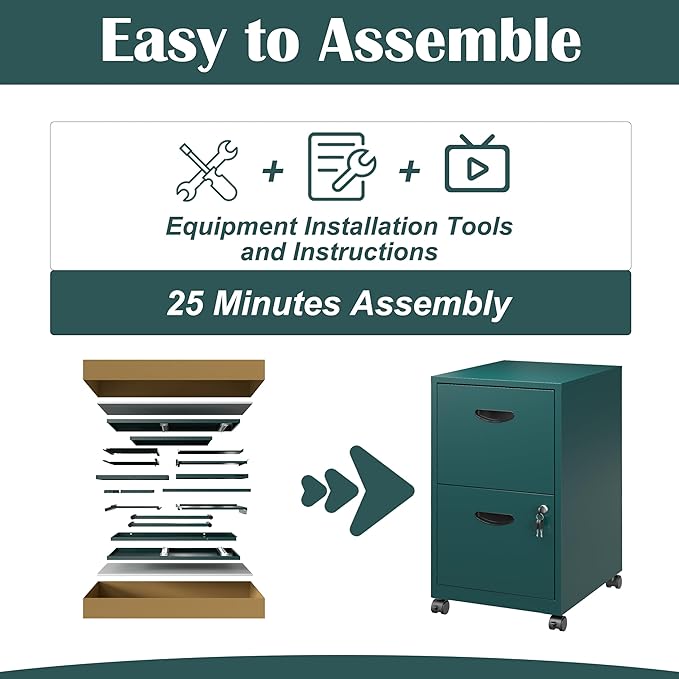 2 Drawer File Cabinet with Lock,Green Rolling File Cabinet for Home Office,Printer Stand, Metal Small Mobile Filing Cabinets on Wheels for Hanging Letter