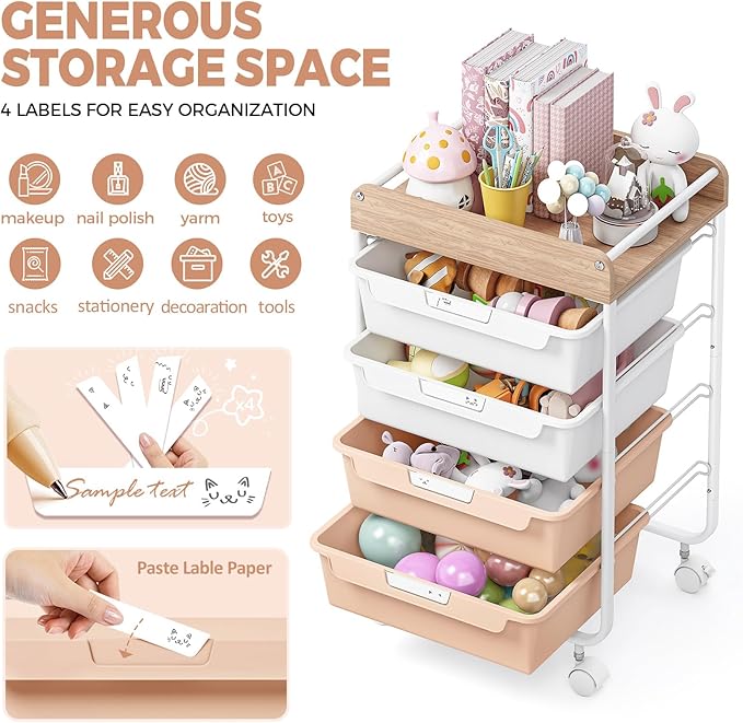 Rolling Craft Storage Cart with 4 Drawers,Utility Cart with Drawers,Art Craft Organizers and Storage,Kids Craft Cart,Kids Art Cart With DIY Lable and Wooden Tabletop Area, Pearl
