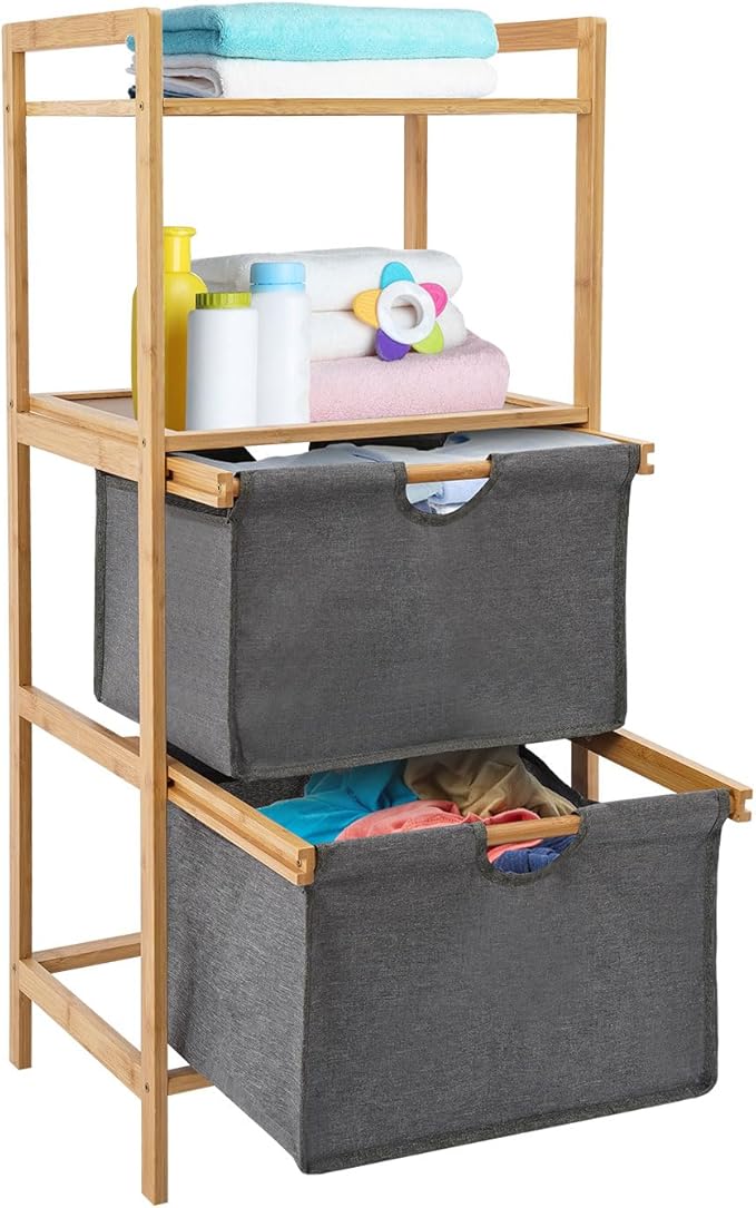 Laundry Sorters Basket,4 Tier Bamboo Laundry Basket With 2 Detachable Baskets,Professional Metal Laundry Basket Organization,Laundry Basket Organizer,Bathroom,Etc