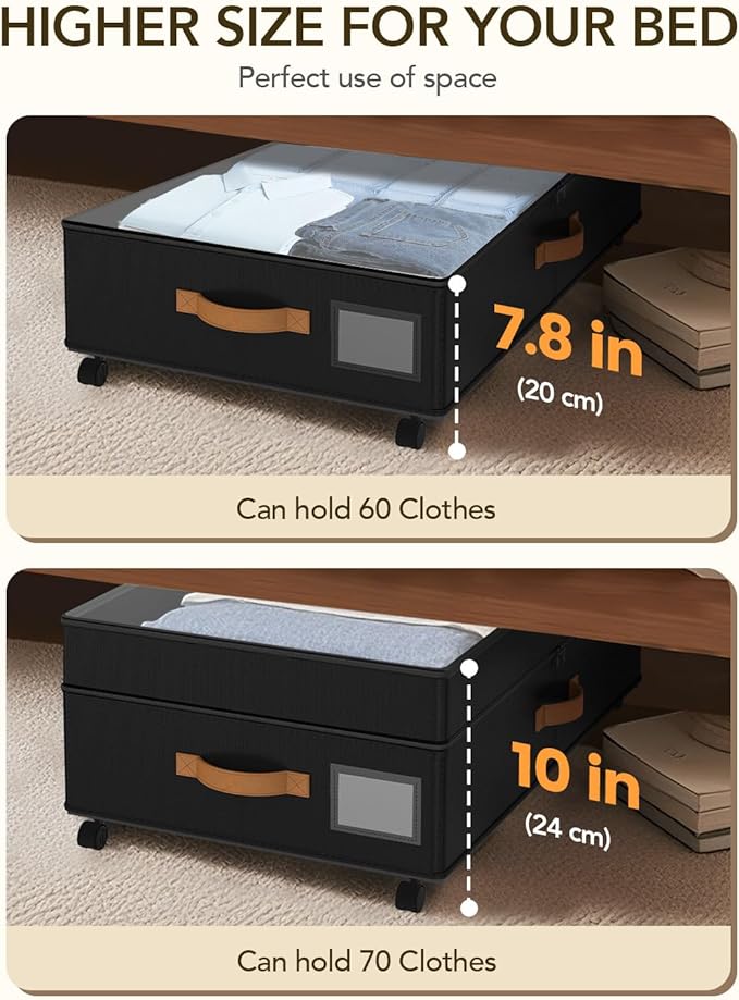 4 Pack Under Bed Storage with Wheels, Adjustable Height Storage Containers, 10 inches Large Capacity Rolling Underbed with Lids, Storage Drawers Shoes, Clothes, Blankets, Black