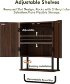 RUSTOWN Farmhouse Bathroom Wall Cabinet with 2 Door, 3-Tier Curved Profile Wooden Medicine Cabinet, Wall Mounted Storage Cabinet with Adjustable Shelf and Towel Bar (Dark Walnut, Small)
