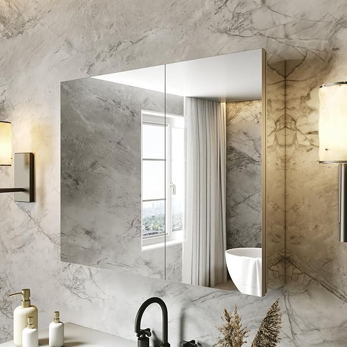 30x24 Bathroom Medicine Cabinet with Mirror,Aluminum Alloy Frame with Mirror Side Panels,Surface or Recessed Medicine Cabinet with Adjustable Shelves,Assembly Required