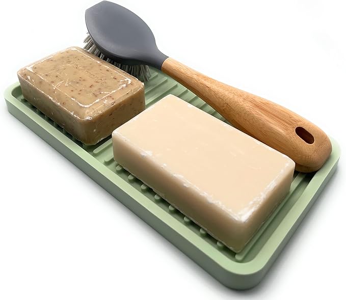 Happitasa Silicone Kitchen Sink Organizer Tray, Sponge Holder and Countertop Protector | Bathroom and Kitchen Soap Dish and Dispenser Tray (Pistachio, 10"x5.25", 10.4 Ounces)