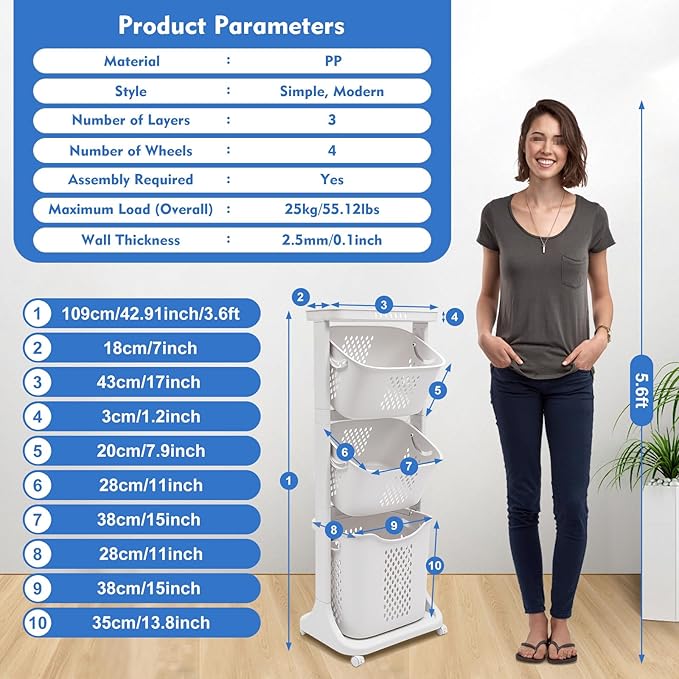 Laundry Sorter Cart, 3 Tier Laundry Hamper for Wash Clothes Storage Basket Organizer Shelf, Bathroom Rolling Cart Utility Storage Organizer Shelf for Kitchen Living Room Bathroom Laundry Room