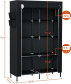 Portable Closet, 34 Inch Large Capacity Wardrobe Closet with Cover, Clothes Storage Organizer with Shelves and 2 Hanging Rods, Easy to Assembly, Black PCT202B01