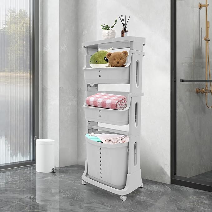 4 Tier Laundry Sorter Vertical Laundry Basket Holder Divided Dirty Clothes Laundry Hamper for Laundry Room, Bedroom, Bathroom (Grey)