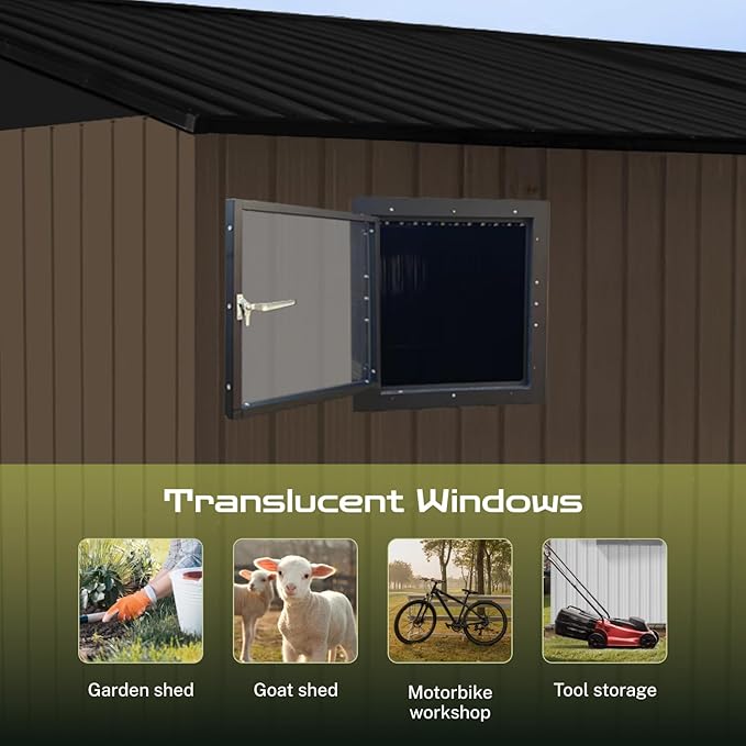 12' x 10' XL Outdoor Storage Shed, Sturdy Metal Building w/Floor and Operable Window for Garden, Backyard, Poolside and Lawn, Brown
