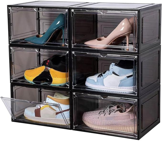 Attelite Large Clear Shoe Box Organizer,Plastic Stackable Shoe Storage Box with Magnetic Door, Large Clear Door Shoe Containers for Display Sneakers, Easy Assembly（Black）