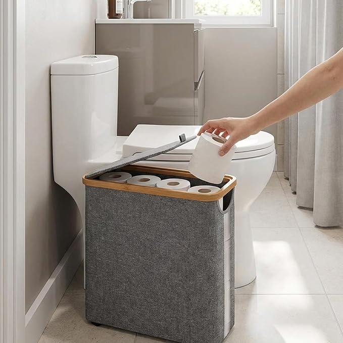 Toilet Paper Storage Basket with Lid Toilet Paper Storage with Lid 17.7x13.8x5.9 inch Waterproof Towel Free Standing Papers Container with Bamboo Frame and View Window