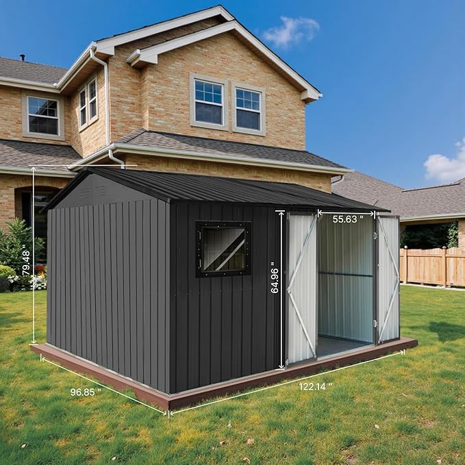 10' x 8' XL Outdoor Storage Shed, Sturdy Metal Building w/Floor and Operable Window for Garden, Backyard, Poolside and Lawn, Black