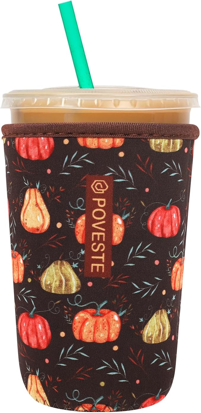 Reusable Neoprene Insulator Sleeve for Iced Coffee & Cold Soda, Coffee Sleeves for Iced & Hot Drinks, Cold Beverage Cooler Compatible with Starbucks, Dunkin (Harvest Pumpkin, Medium: 22-24oz)