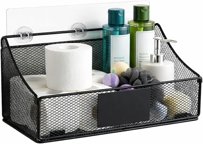 Toilet Paper Storage Basket, Metal Toilet Paper Holder, Self Adhesive Wall Mounted Bathroom Shelves with a Marker Pen, Home Organizers & Storage,Bathroom Decor and Accessories, Black