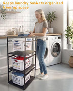 Laundry Basket Holder Shelf, 3-Tier Metal Laundry Basket Organizer with Wheels, Rolling Laundry Storage Rack for Bathroom, Bedroom & Laundry Room