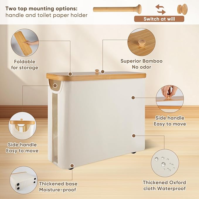 Anfly Bamboo Toilet Paper Storage Organizer with Lid - Holds 12 Mega Rolls, Countertop Bathroom Tissue Holder Cabinet, TP Storage Basket