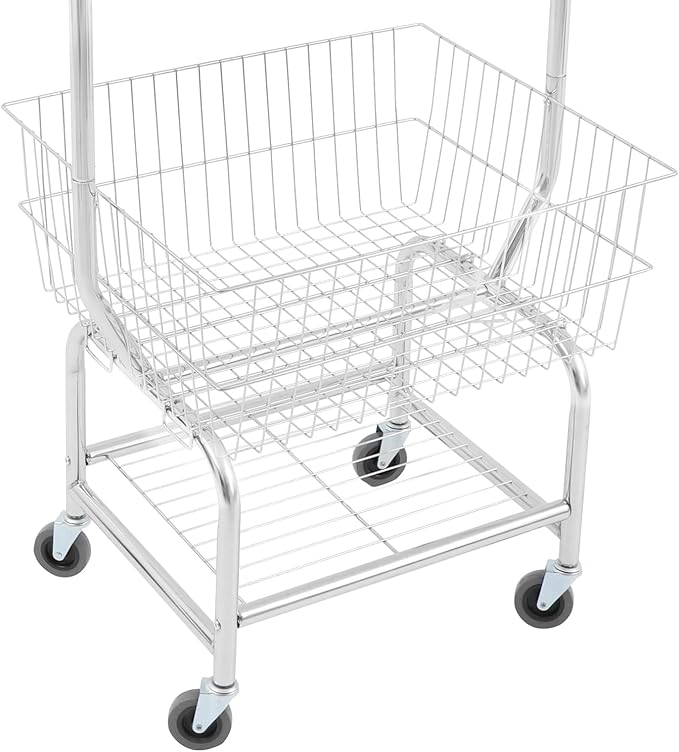 Laundry Cart with Hanging Rack, Wire Laundry Basket with Wheels, Laundry Hamper with Storage Basket & Shoe Rack, Rolling Laundry Hamper Sorter for Laundry Room Bathroom Bedroom, Silver