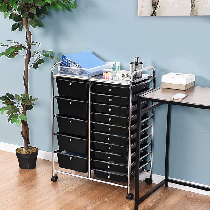 RELAX4LIFE 15 Drawer Rolling Storage Cart, Mobile Drawer Carts for Craft Art Supply Paper Salon, Utility Cart on Wheels for Classroom Teacher School Office, Rolling Cart with Drawers (Black)