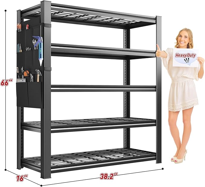 REIBII 5-Tier Storage Shelves,38.2" W Heavy Duty Garage Shelving Load 2500LBS,Metal Shelving Units with Tool Storage Bag, Adjustable Wire Shelving Industrial for Basement,66" H x16 D,Black