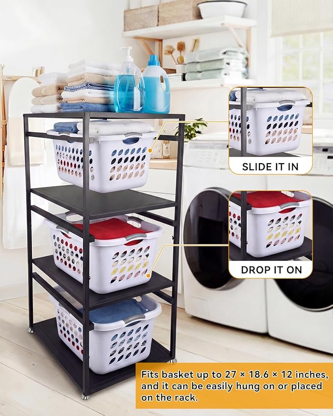 Laundry Basket Holder Shelf, 3-Tier Metal Laundry Basket Organizer with Wheels, Rolling Laundry Storage Rack for Bathroom, Bedroom & Laundry Room