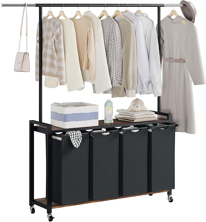 4 Section Rolling Laundry Cart with Hanging Rack & Utility Shelf, Laundry Sorter Hamper with Lockable Wheels, Removable Bags, Bedroom, Laundry Room, Bathroom Organizer