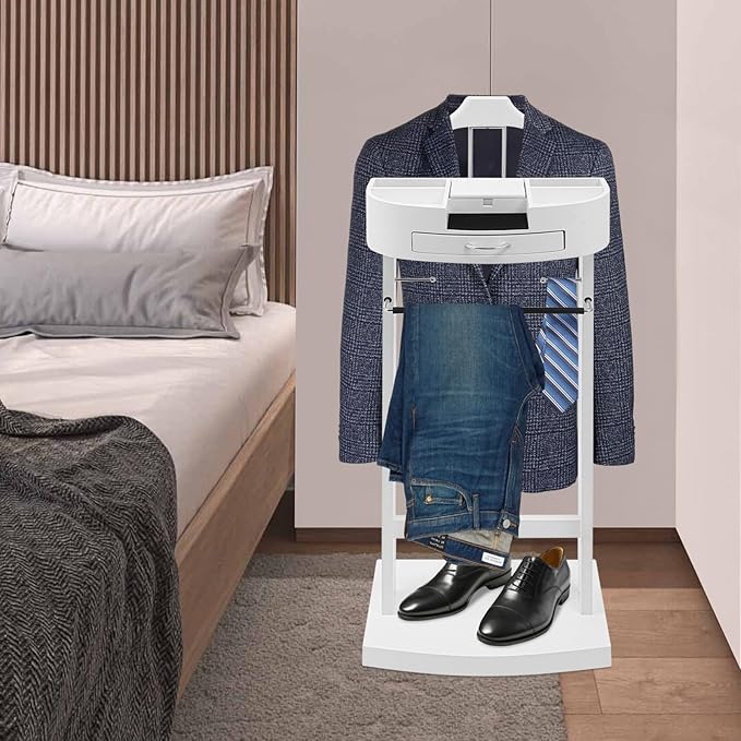 Mens Suit Valet Stand Clothes Valet Stand with Base Vertical Clothes Stand Wooden Hanging Frame w/Handle, 17.32 x 11.81 x 44.09in (White)