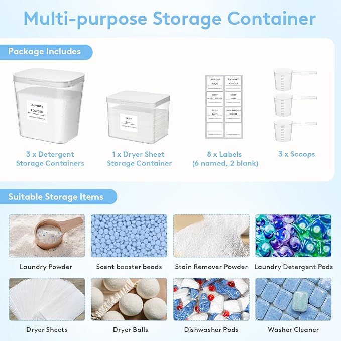 Lifewit 4 Pcs Laundry Pods Container with Pop-up Lid, Dryer Sheet Holder, Laundry Room Organization for Washing Powder, Scent Booster Beads, 2600 +2000ml/0.53+0.7gal