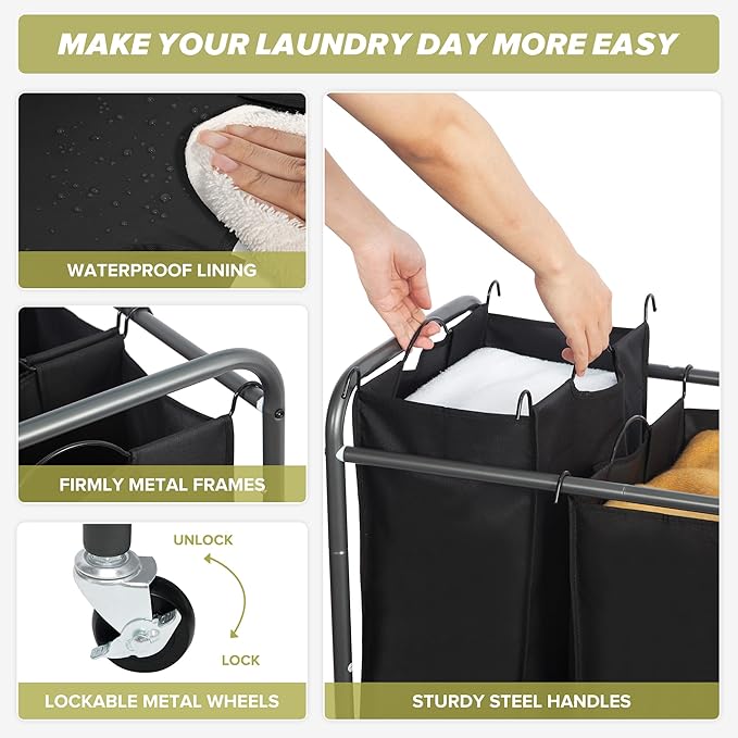 Laundry Sorter Hamper with Wheels, Heavy-Duty Laundry Sorter Rolling Cart, Lockable Wheels and Removable Bags, 3 Sections, Black